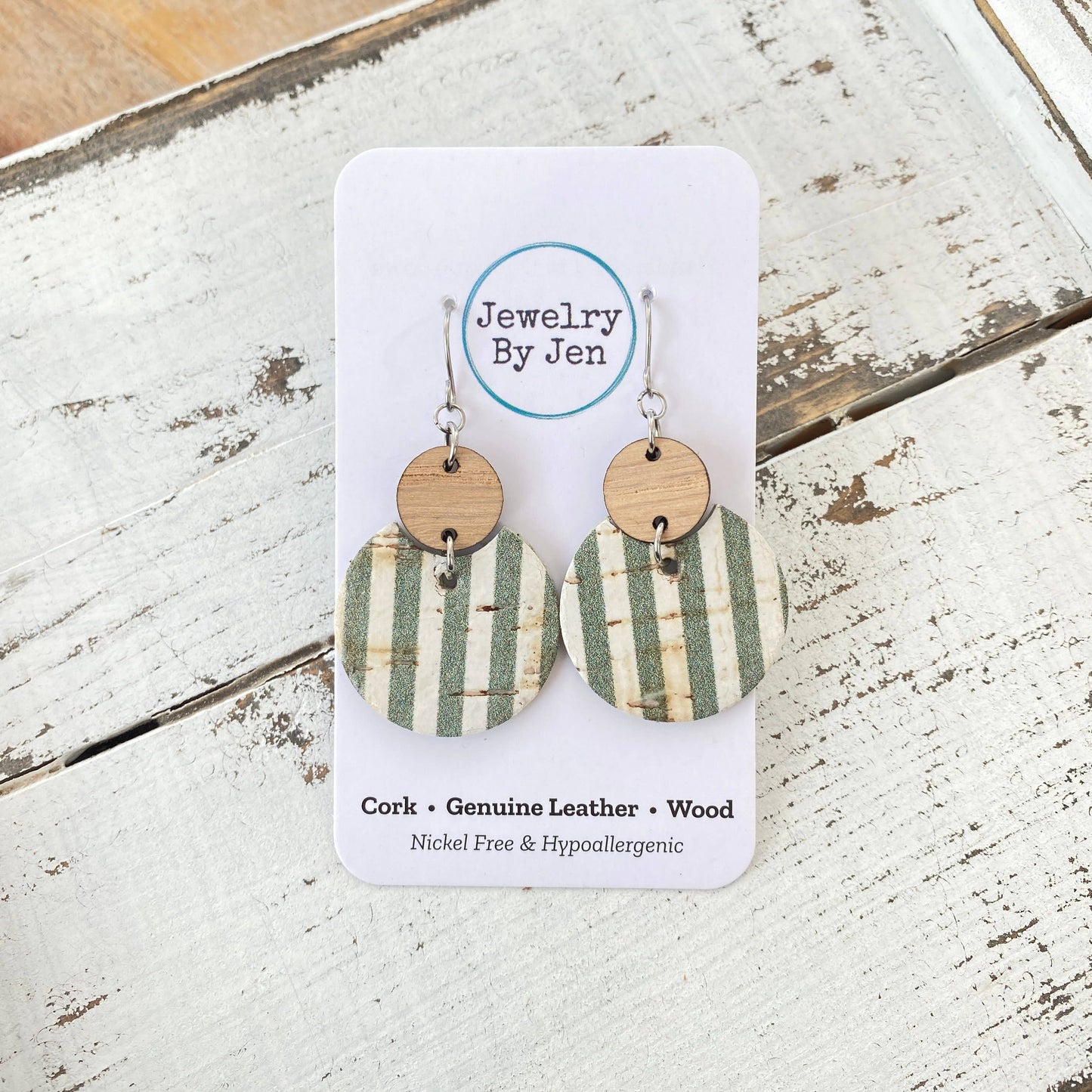 Luna Earrings (Medium Size): Sage Stripes