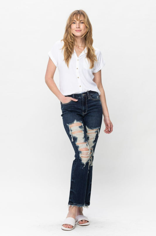 Judy Blue Mid Rise Heavy Destroy Straight Leg