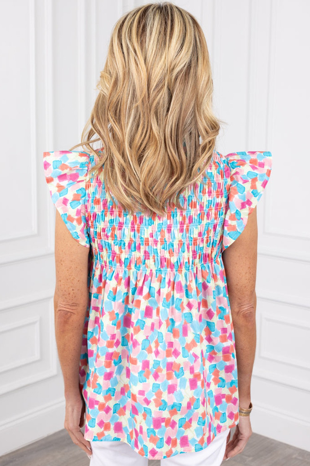 Blue Shirred Yoke Ruffled Abstract Printed Blouse