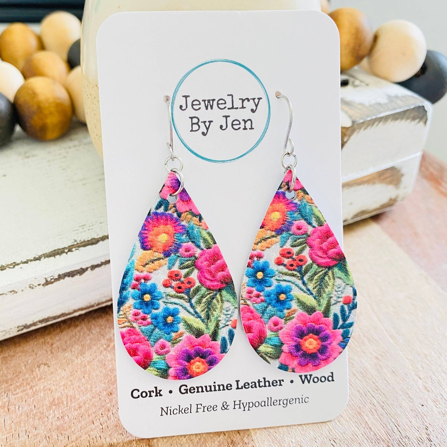 Medium Teardrop Earrings: Bright Folk Floral