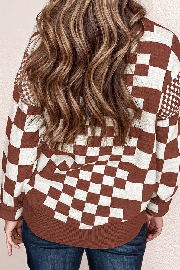 Checkered Print Long Sleeve Drop Shoulder Sweater