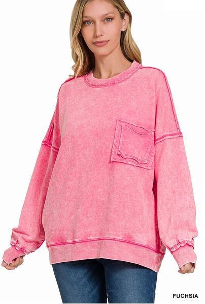 Terry Acid Wash Raw Edge Front Pocket Pullover
