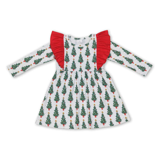 Red Flutter Christmas Tree Long Sleeve Dress