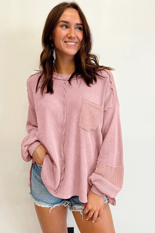 Exposed Seam Bubble Sleeve Waffle Knit (multiple colors)