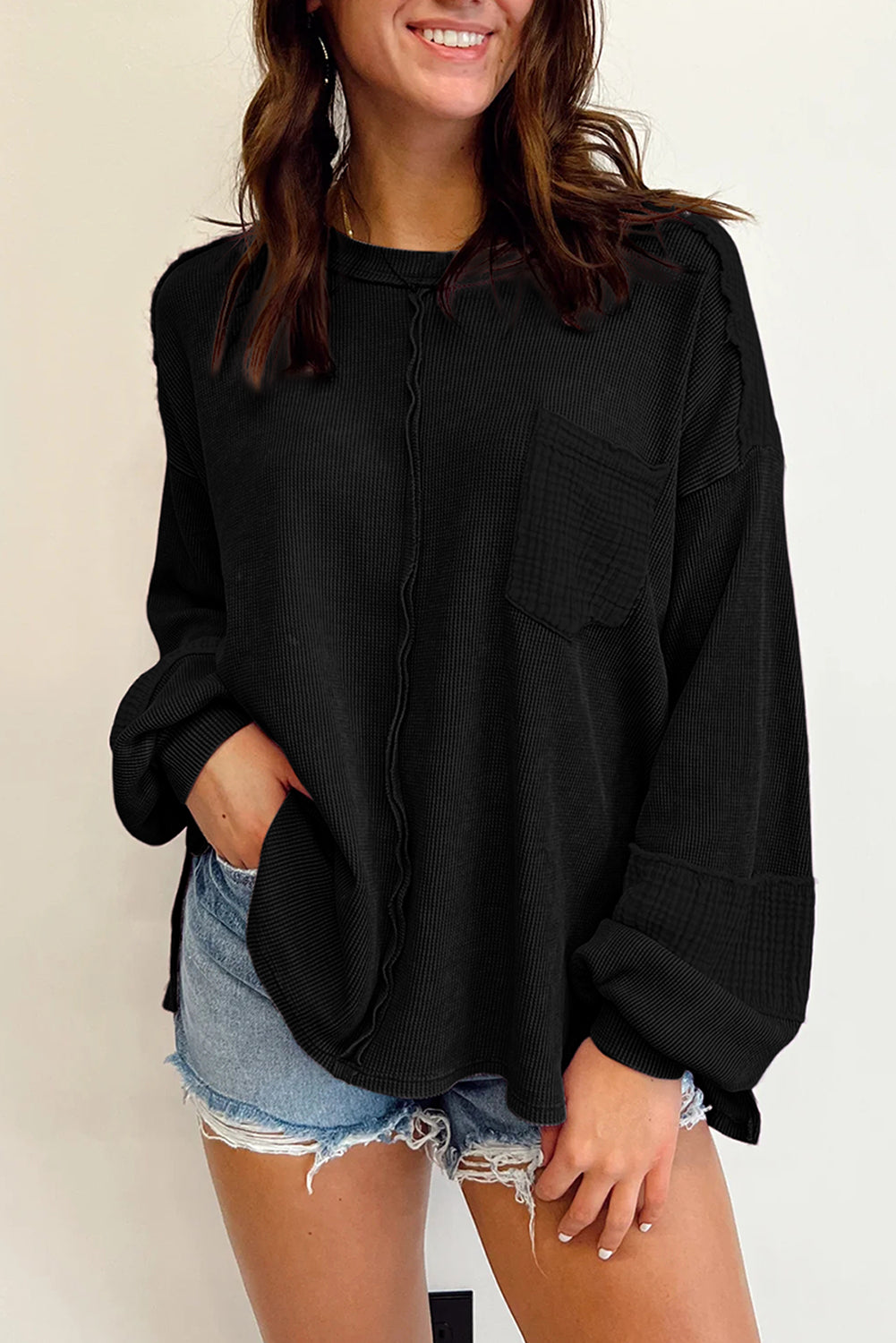 Exposed Seam Bubble Sleeve Waffle Knit (multiple colors)