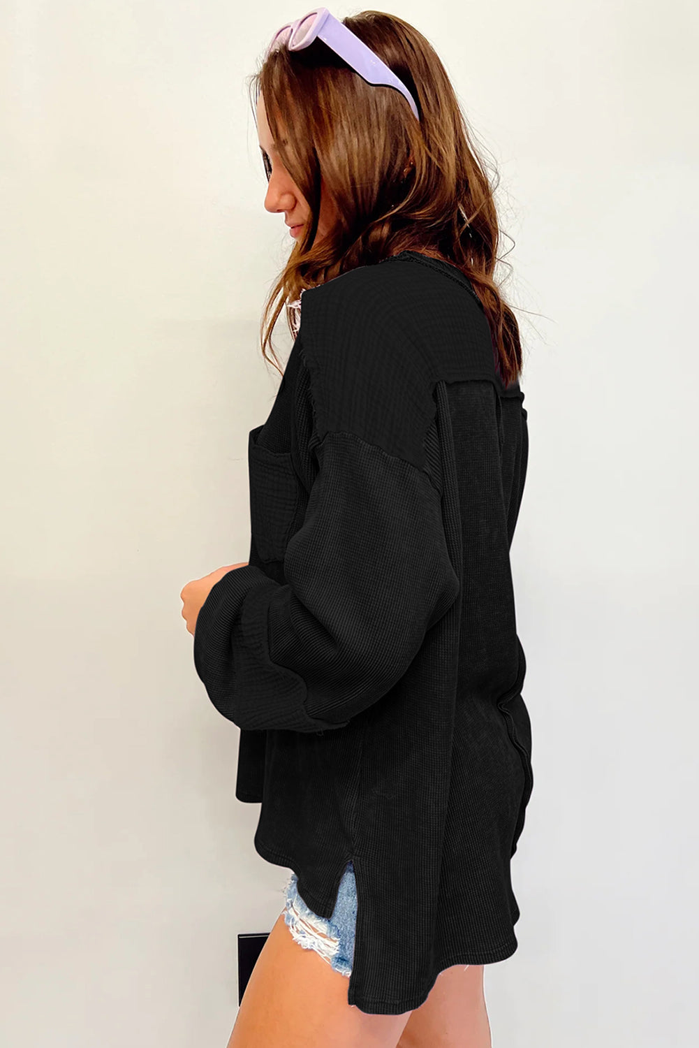 Exposed Seam Bubble Sleeve Waffle Knit (multiple colors)