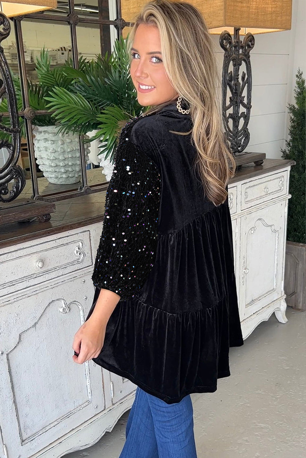 Black Sequin Puff Sleeve Velvet Top