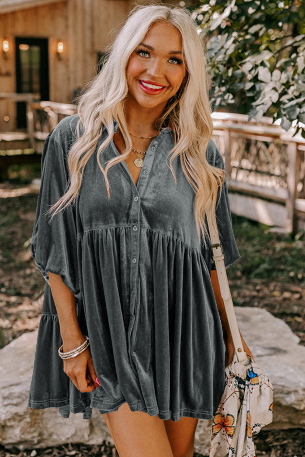 Velvet Quarter Sleeve Baby-doll Tunic (multiple colors) Goose Creek Boutique Printing Co Velvet Quarter Sleeve Baby-doll Tunic (multiple colors) Goose Creek Boutique Printing Co