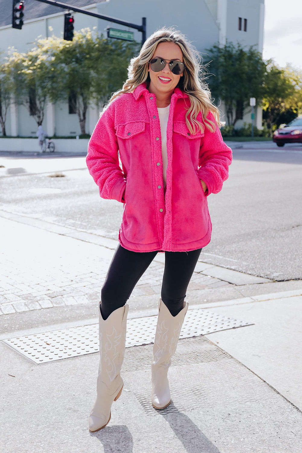 Hot Pink Faux Suede Sherpa Shacket