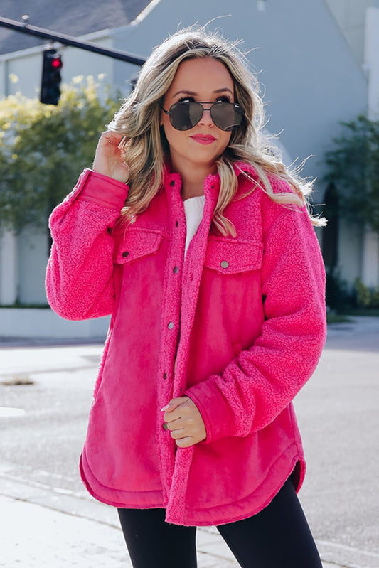 Hot Pink Faux Suede Sherpa Shacket