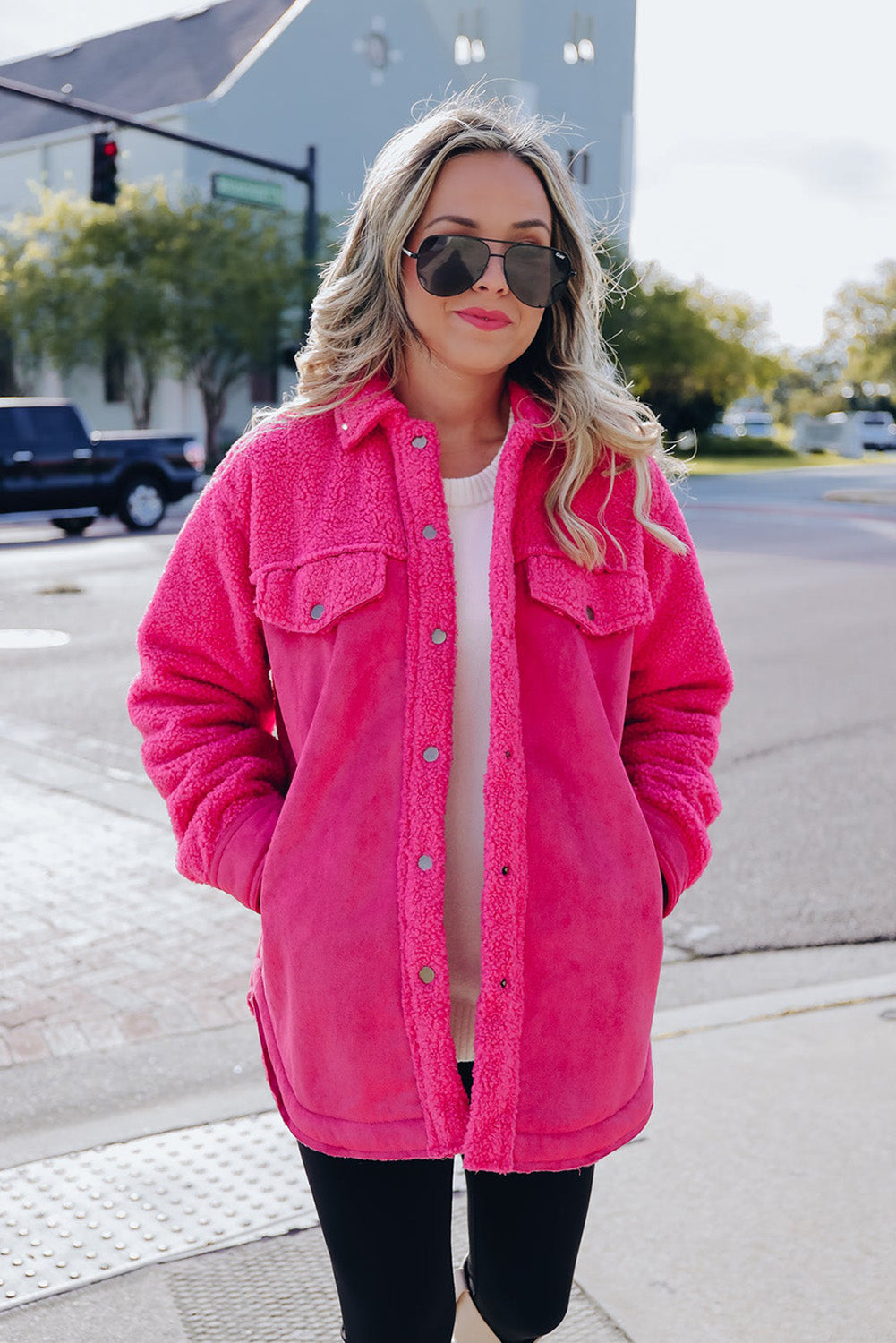 Hot Pink Faux Suede Sherpa Shacket