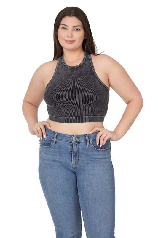 Plus Size Acid Washed Ribbed Cropped Tank Top