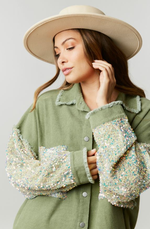 Corduroy Shacket With Sequined Pockets & Sleeves