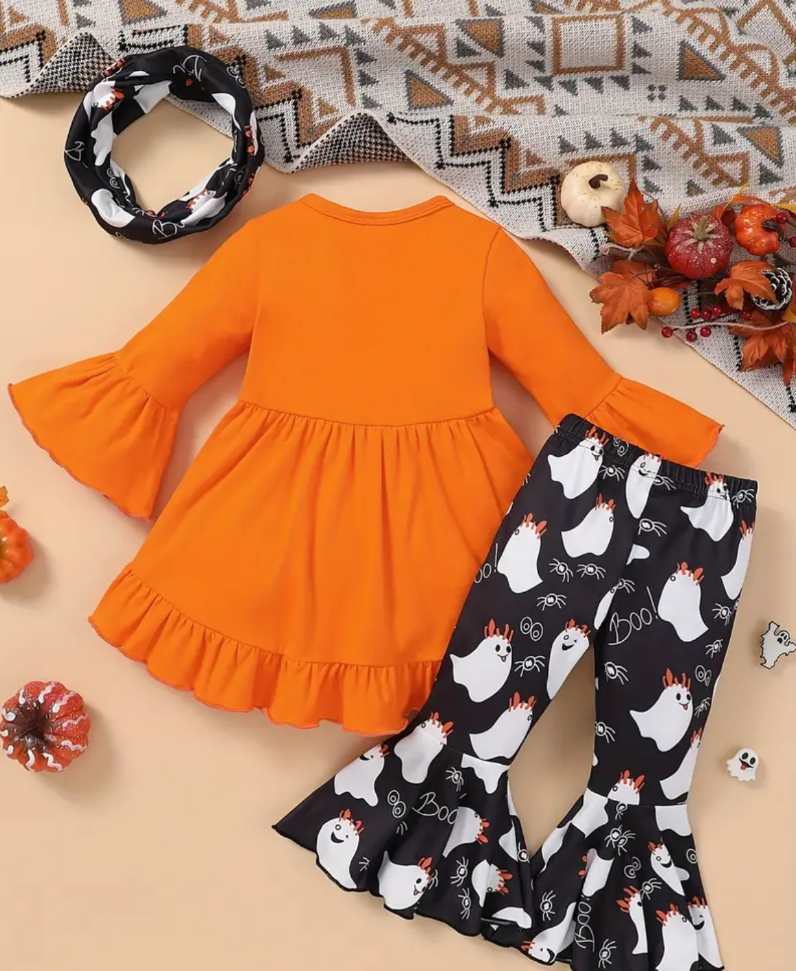 3-Piece Girls Outfit with Ghost Print Top, Flared Pants & Scarf
