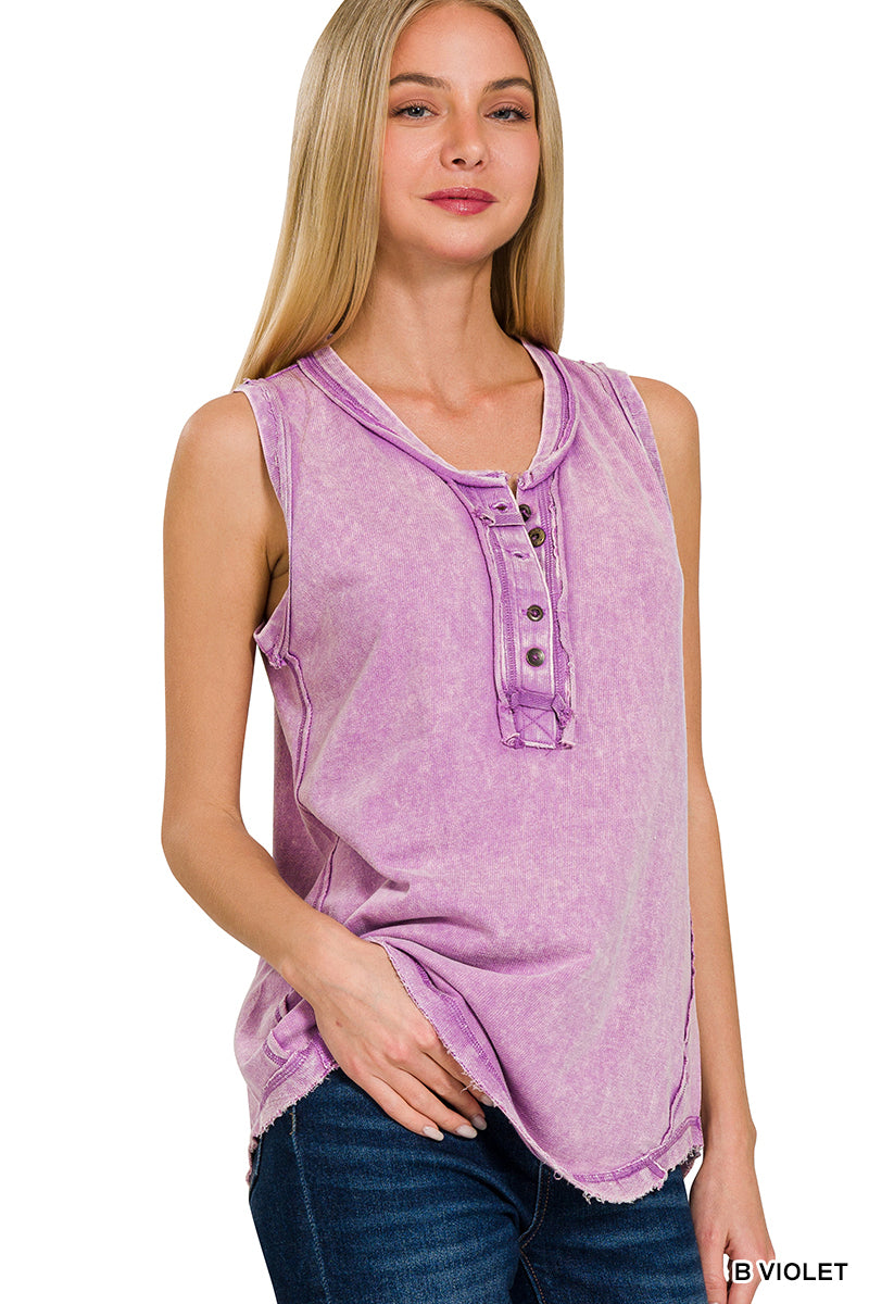 Washed Half-Buttom Raw Edge Sleeveless Henley Top