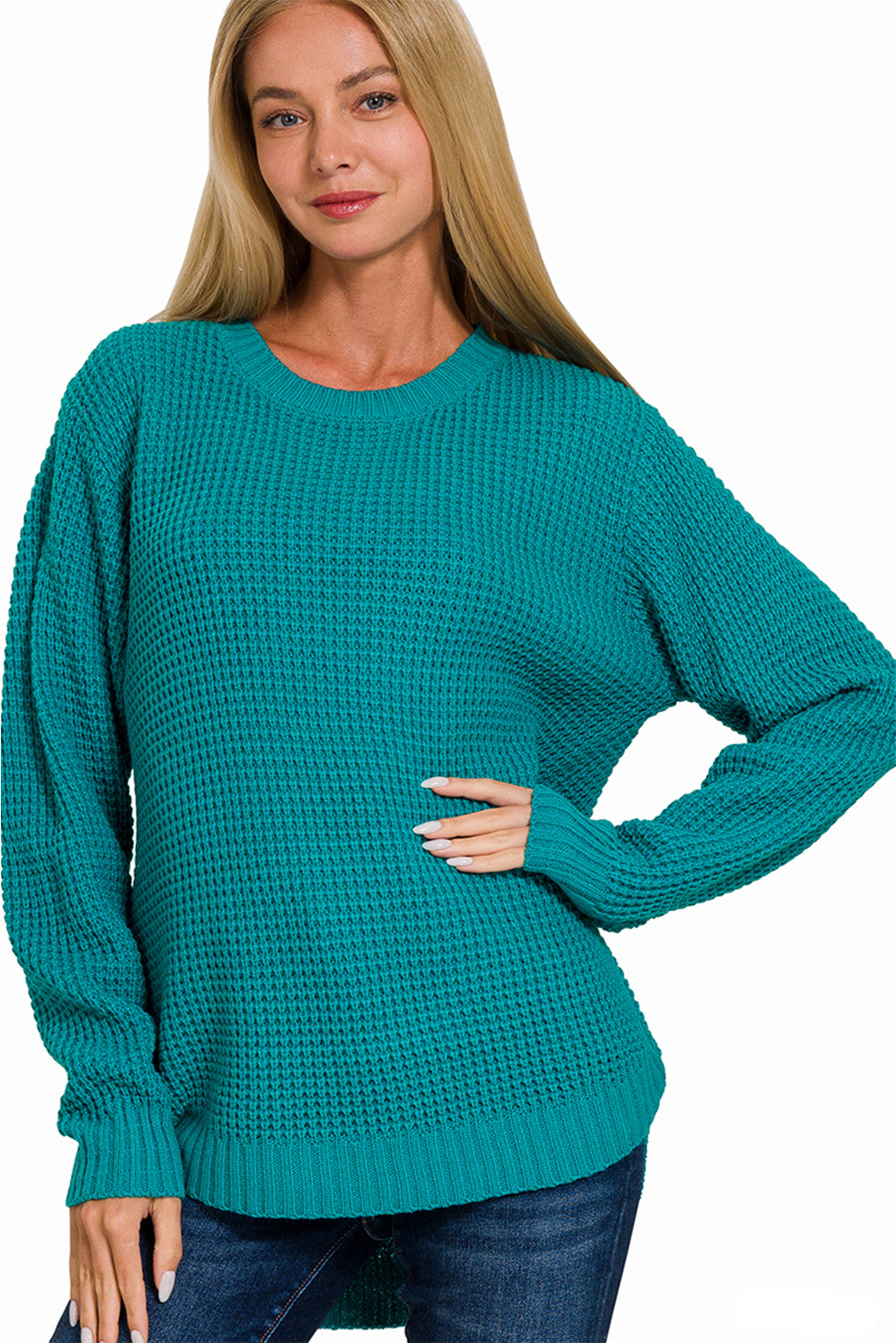 Hi-Low Long Sleeve Round Neck Waffle Sweater
