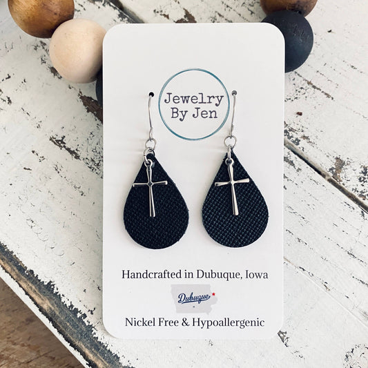 Small Teardrop Earrings: Black w/Cross Charm