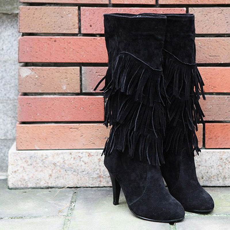 Suede Stiletto & Tassels Boots