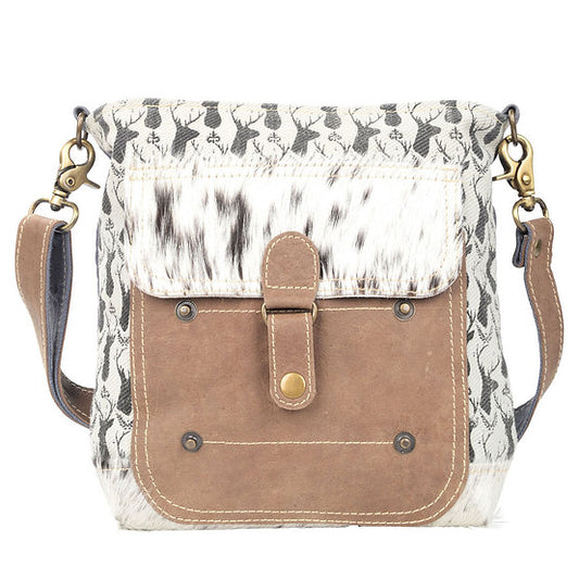 Deer Print Canvas Shoulder Bag w/ Cowhide Pocket