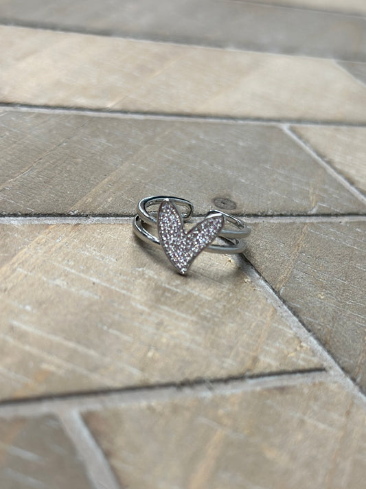 Full of Heart Cubic Ziconia Silvertone Cuff Ring - OSFM