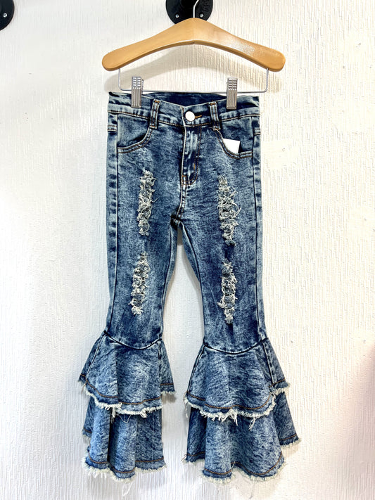 White Washed Distressed Denim Flare Jeans