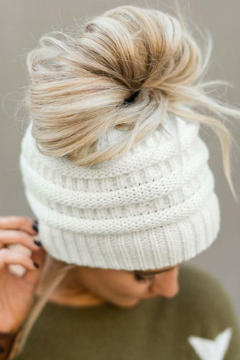 Knitted White Bun Beanie
