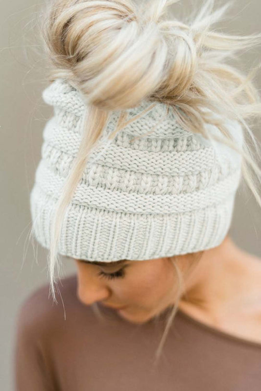 Knitted White Bun Beanie