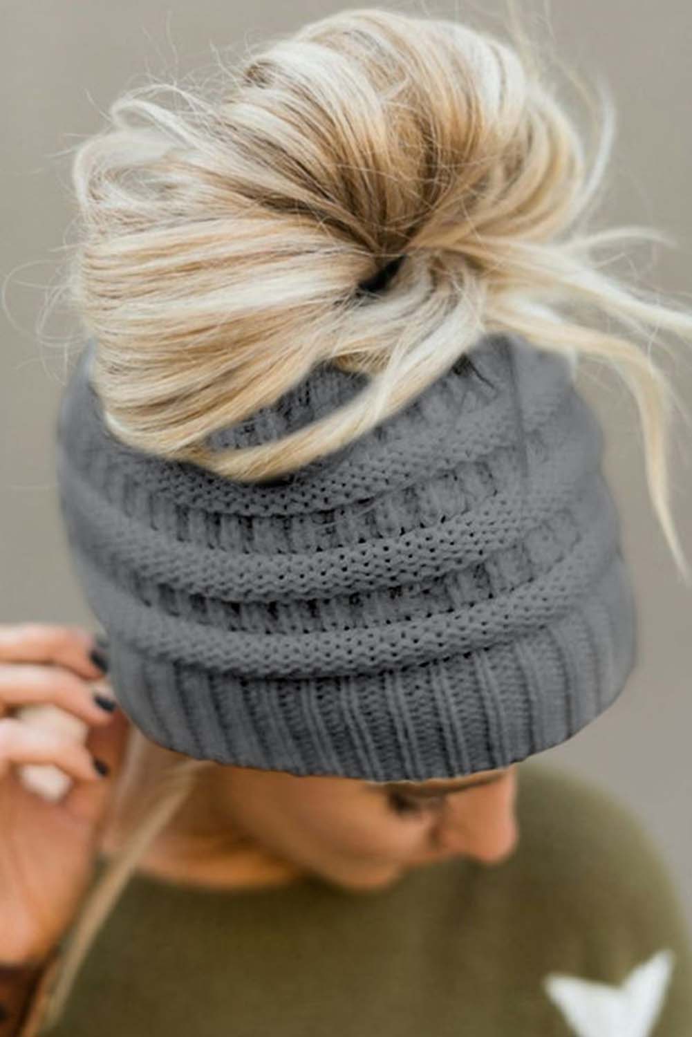 Knitted Grey Bun Beanie