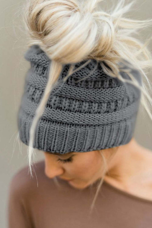 Knitted Grey Bun Beanie
