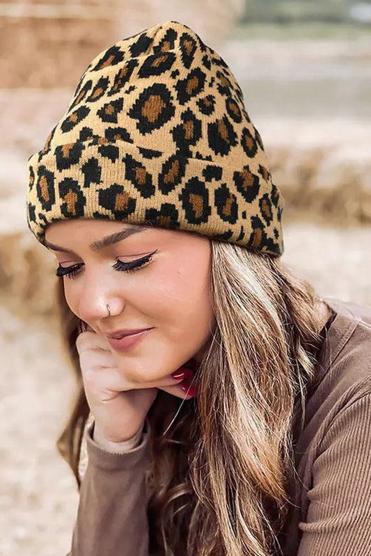 Leopard Knitted Beanie Hat - Khaki
