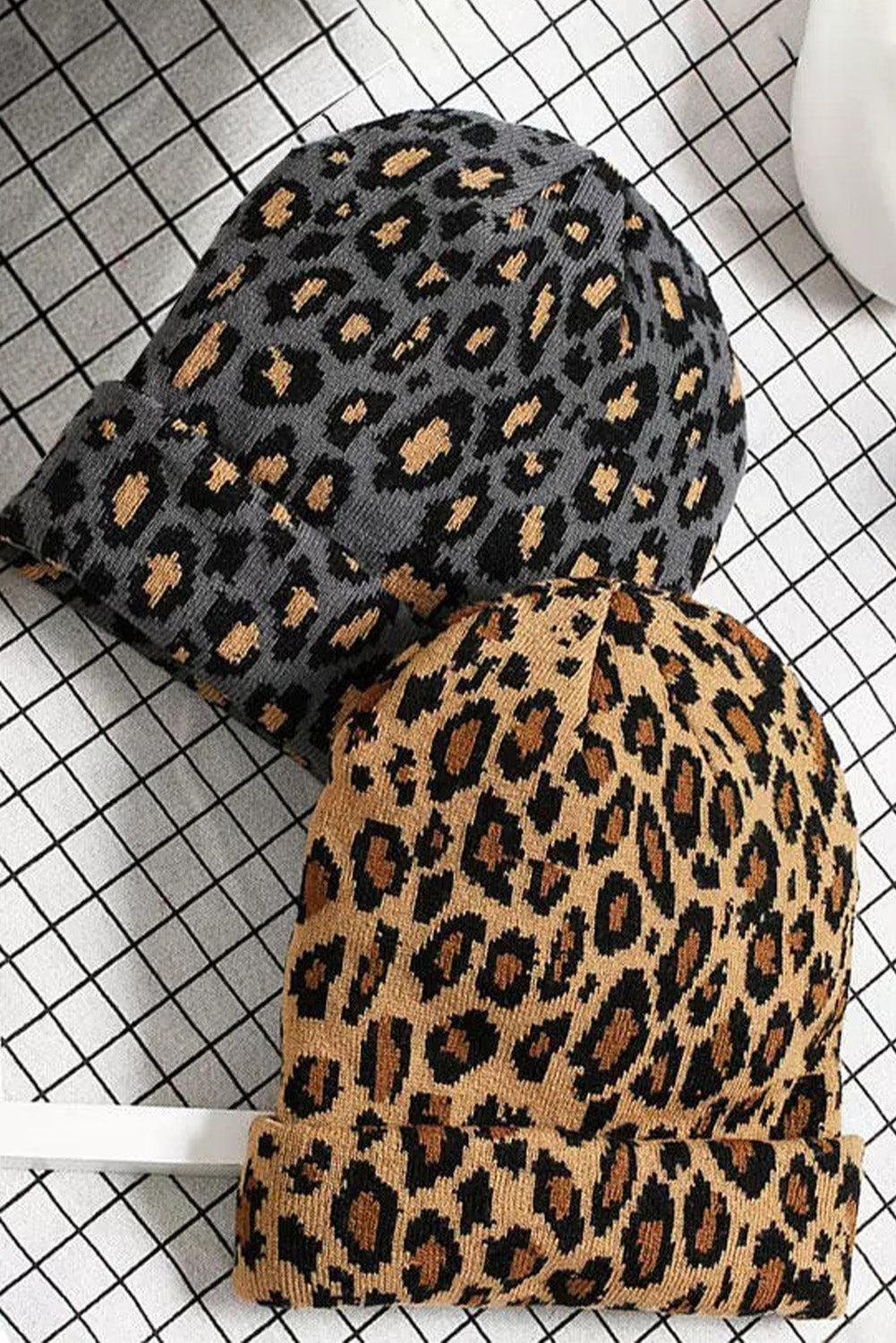 Leopard Knitted Beanie Hat - Khaki
