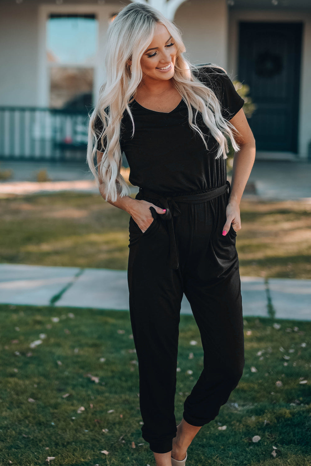 Black Short Sleeve Jogger Jumpsuit w/ Belt