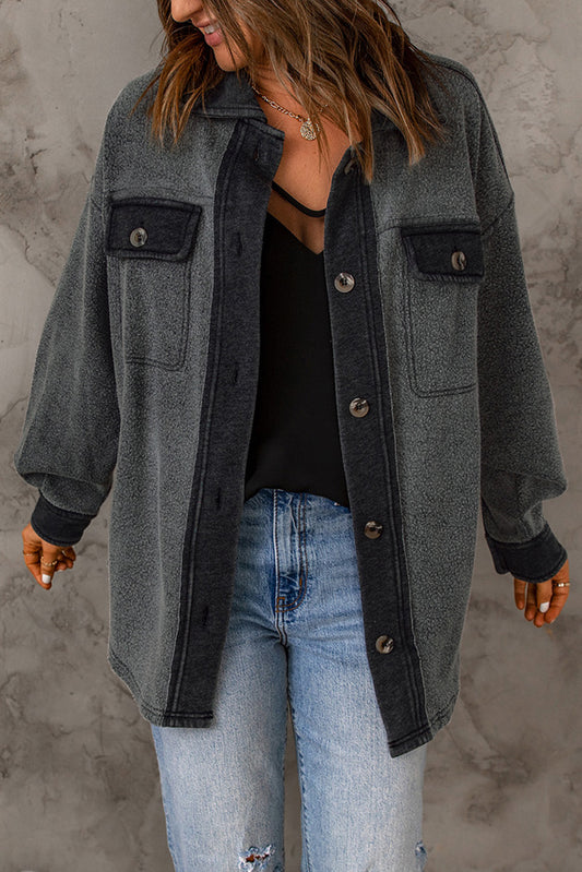 Gray Contrast Trim Buttoned Fleece Jacket