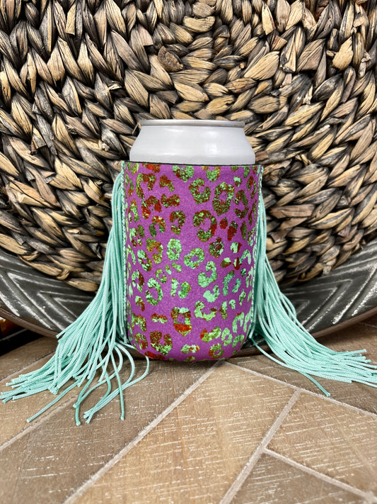 Fringe Koozie (Regular Can): Purple and Mint Cheetah