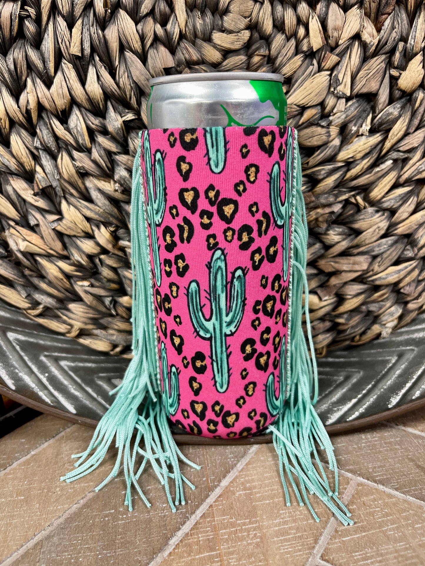 Fringe Koozie (Slim Can): Cheetah Cactus