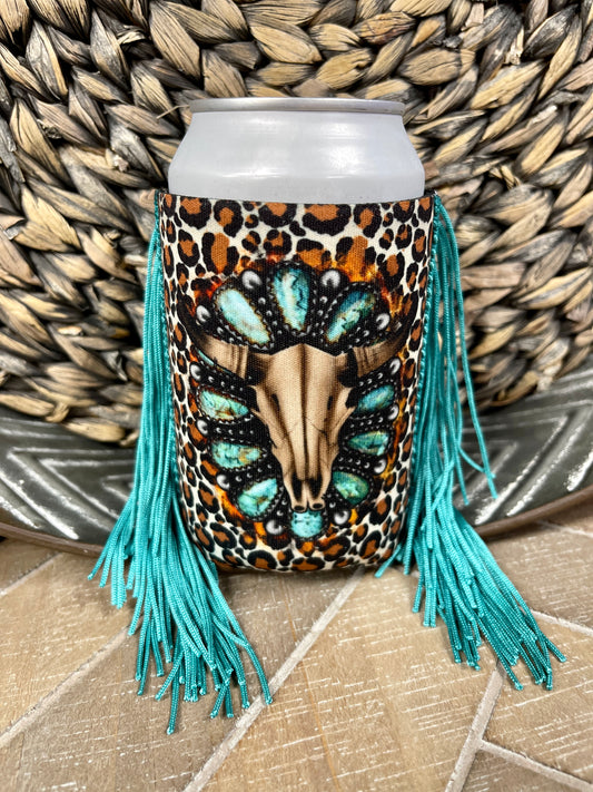 Fringe Koozie (Regular Can): Turquoise Stone Skull