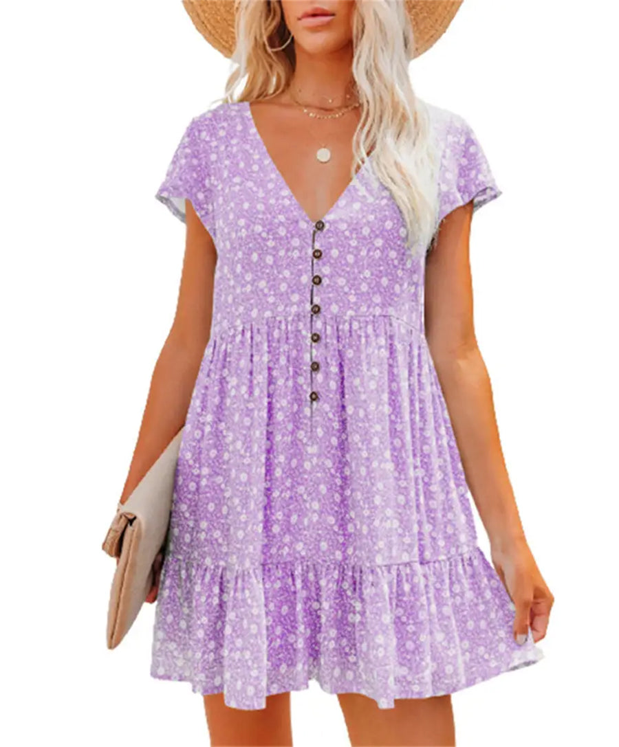 Womens Summer V-Neck High Waist Shirt Dress