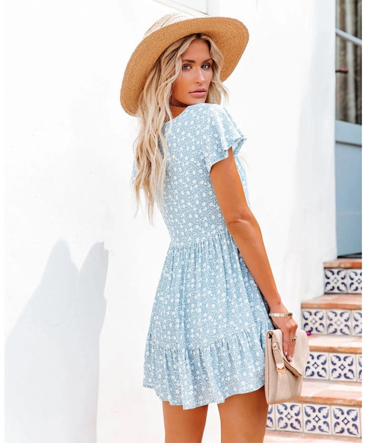 Womens Summer V-Neck High Waist Shirt Dress