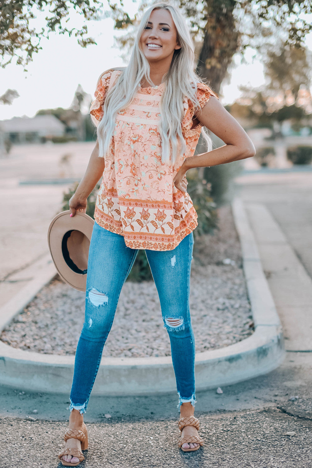 Orange Floral Print Ruffled Crew Neck Sleeveless Top