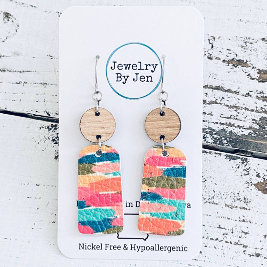 Small Bar Earrings: Colorful Brushstrokes & Wood