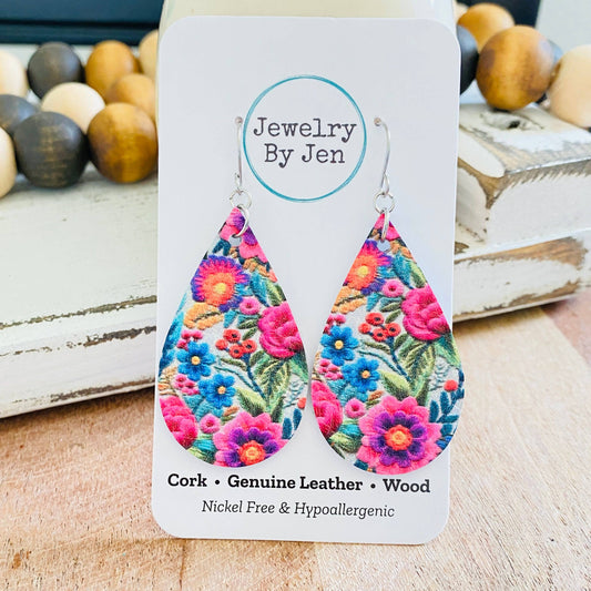 Medium Teardrop Earrings: Bright Folk Floral