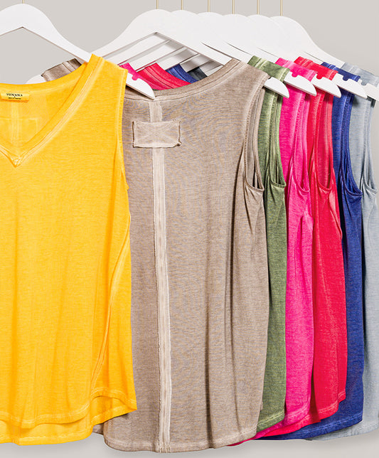 Washed Sleeveless V-Neck Top w. Hi-Low Hem