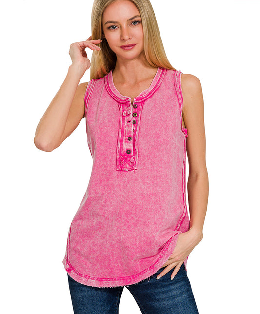 Washed Half-Buttom Raw Edge Sleeveless Henley Top