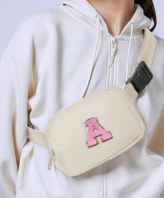 White & Pink Chenille Letter Crossbody Bag