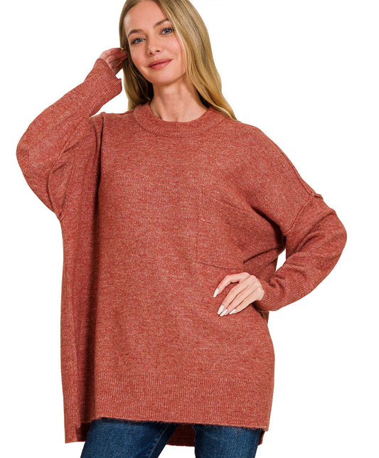 Melange Hi-Low Hem Pocket Sweater