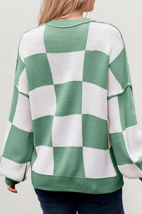 Checkered Round Neck Long Sleeve Sweater