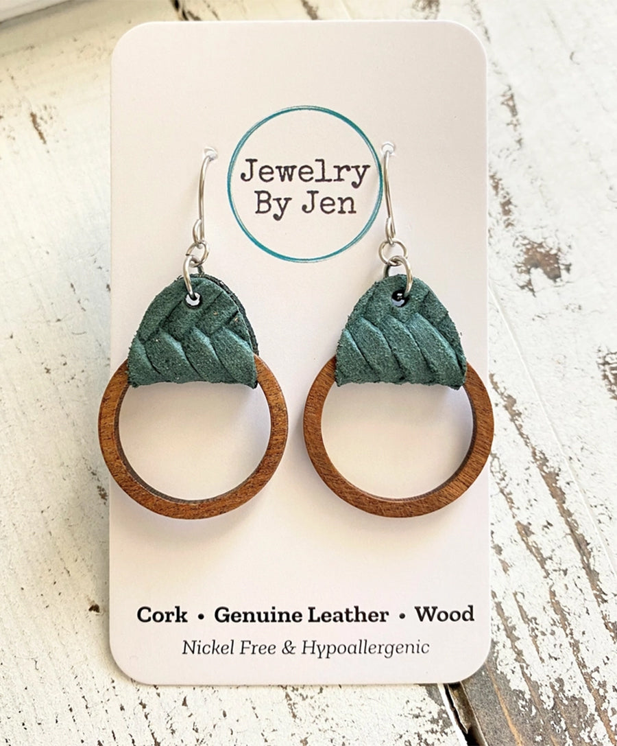 Wood Hoop Earrings: Pine Green Braided