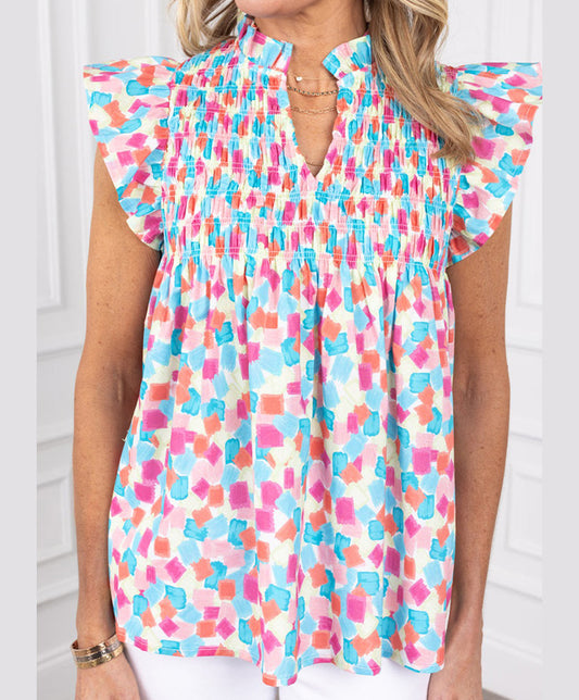 Blue Shirred Yoke Ruffled Abstract Printed Blouse