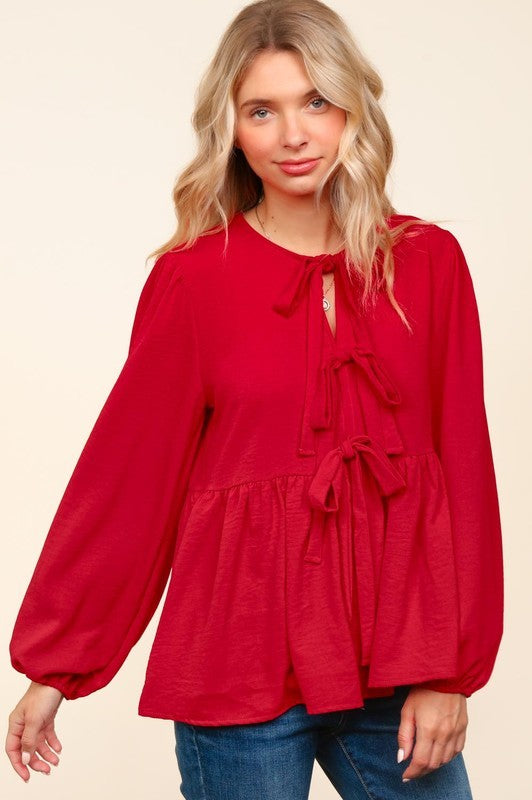 Front Ribbon Bow Tie Woven Blouse Top