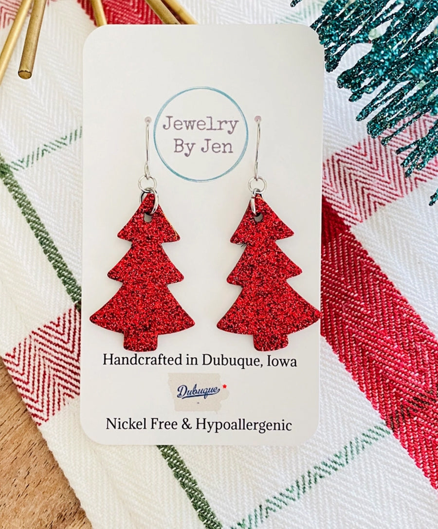 Christmas Tree Earrings: Red Fine Glitter